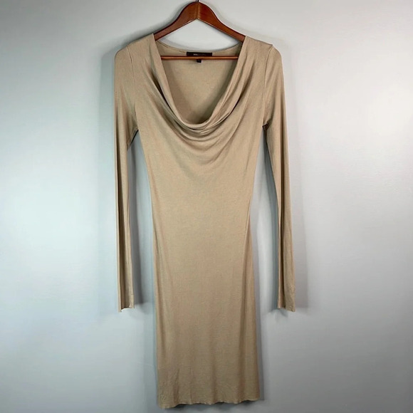 BCBGMAXAZARIA Tan Ribbed Scoop Cowl Neck Column Sheath Midi Dress Baddie Size S - Picture 11 of 11